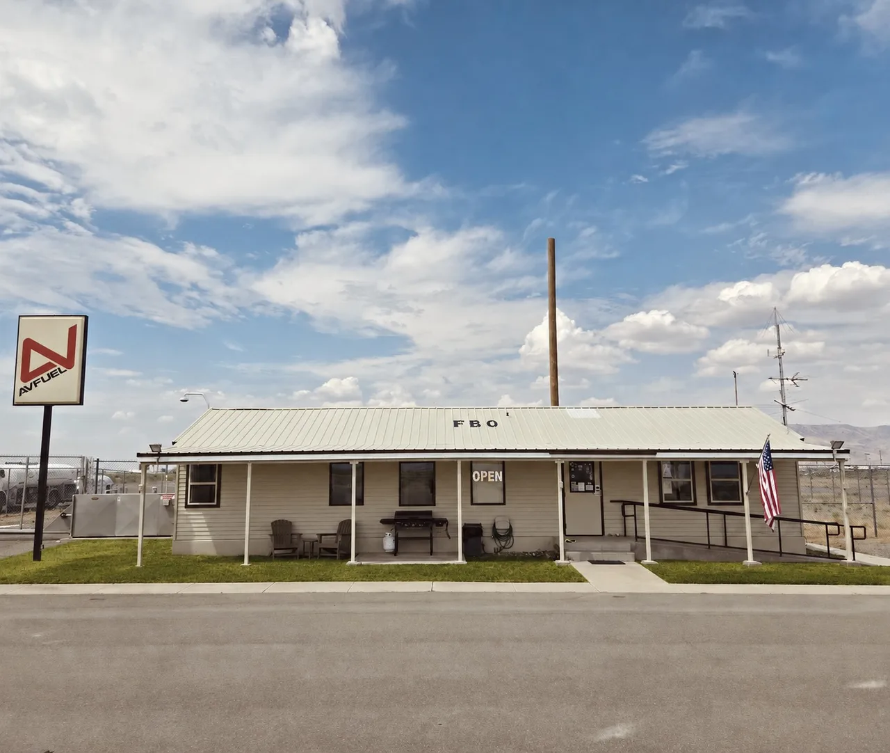 Gold Mountain Aviation FBO building and AvFuel sign at Battle Mountain Airport